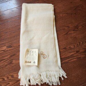 NWT Faribo Wool Acrylic Throw Blanket Cream Beige 50”x60” Fringe Monogram “S”